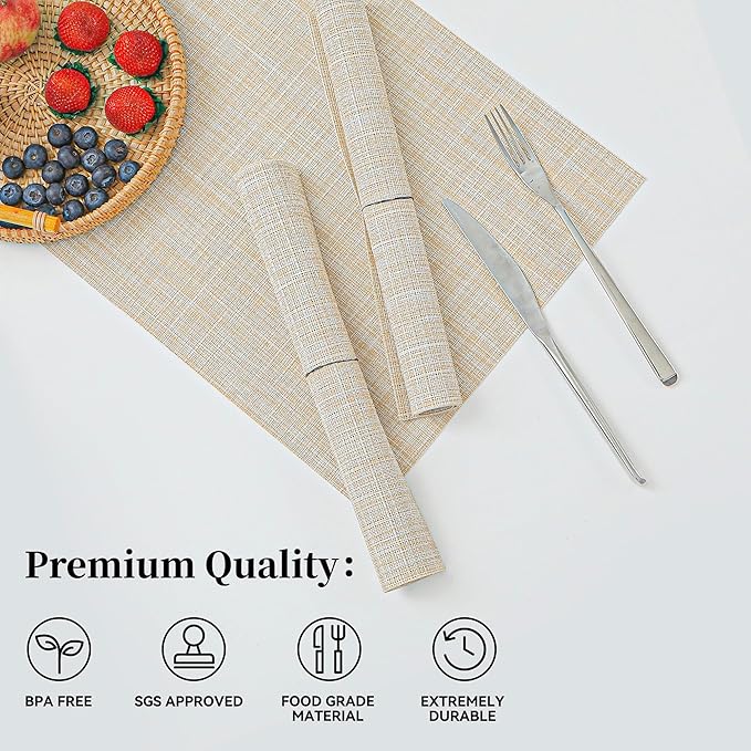 Leetaltree Beige Placemats Set of 4 - Heat-Resistant, Non-Slip Table Mats, Washable Woven Vinyl for Indoor & Outdoor Dining