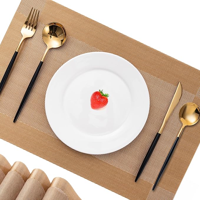 CADONO Placemats Set of 6 Washable Indoor/Outdoor Vinyl Place Mats for Dining Table Durable Non-Slip Heat Resistant PVC Weave Table Mats（Gold Cube）