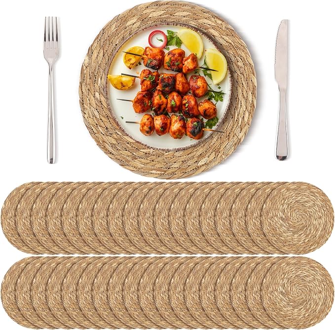 Kochorie Set of 36 Round Woven Placemats 13.8 Inch Bulrush Placemats Natural Handwoven Boho Rattan Wicker Table Mats for Farmhouse & Home Dining