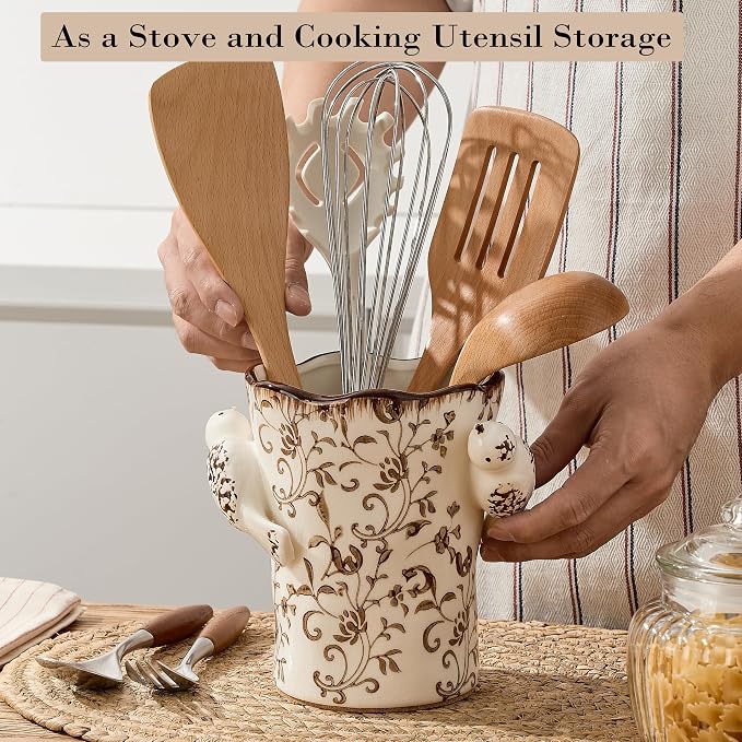6.34"H Utensil Holder for Kitchen Counter, Modern Farmhouse Cooking Utensil Holder and Crock Home Kitchen Decor, Ceramic Utensil Organizer for Spatula, Ladle, Eggbeater- Brown Flower Patterns