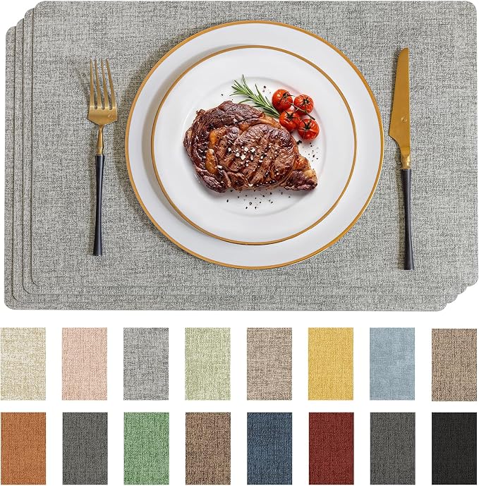 Romanstile Vinyl Placemats Set of 12-12 X 17 Inch - Faux Leather 100% Waterproof Wipeable Anti Slip Place Mats, Heat Resistant Reversible PU Table Mats for Kitchen Dining Party Outdoor, Light Grey