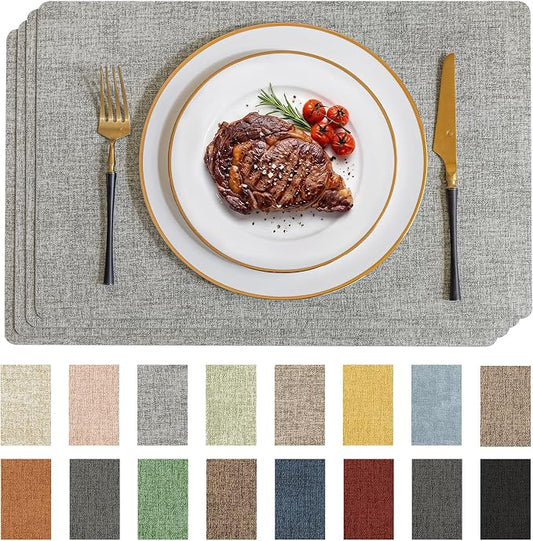 Romanstile Vinyl Placemats Set of 12-12 X 17 Inch - Faux Leather 100% Waterproof Wipeable Anti Slip Place Mats, Heat Resistant Reversible PU Table Mats for Kitchen Dining Party Outdoor, Light Grey