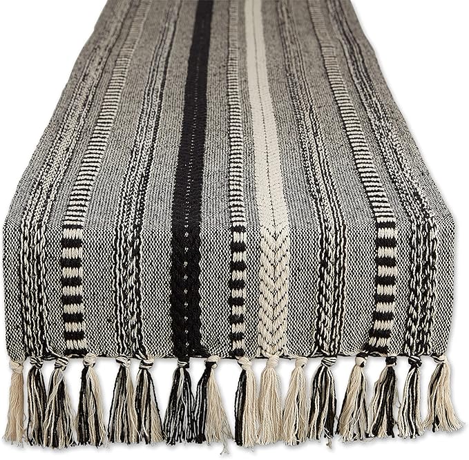 DII Farmhouse Braided Stripe Table Runner Collection, 15x108 (15x113, Fringe Included), Black