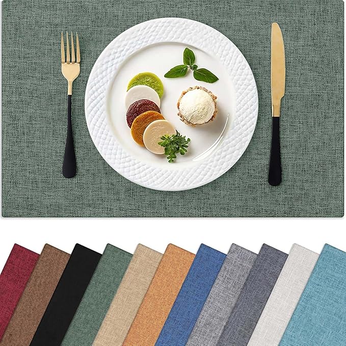 Homaxy Cloths Placemats for Dining Table Set of 6, Heat Resistant Washable Cotton Linen Blend Table Mats, Easy to Clean Place Mats for Indoor Outdoor Party Kitchen Decoration, 13" x 19", Green