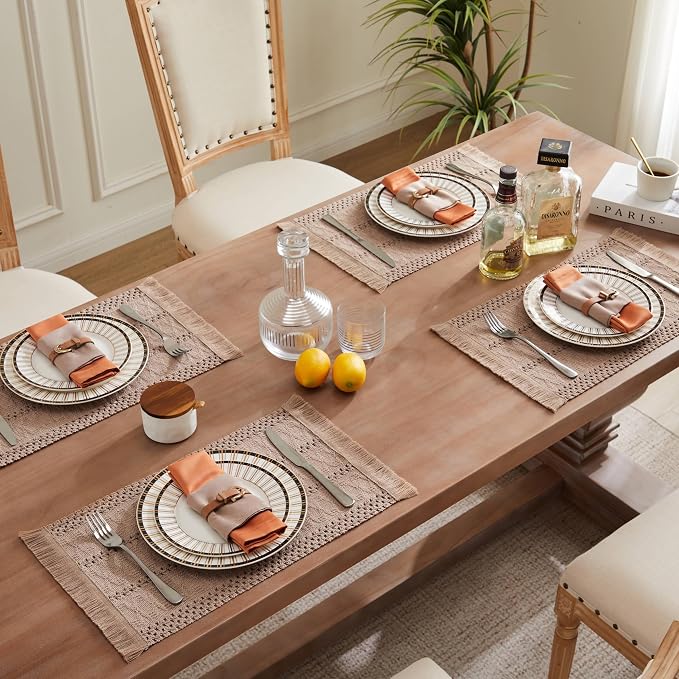 ZeeMart Macrame Style Boho Placemats Set of 6, Taupe 12x20 Inch | Decorative Farmhouse Table Mats, Natural Cotton Woven Place Mats, Bohemian Home Decor for Kitchen Dining Table