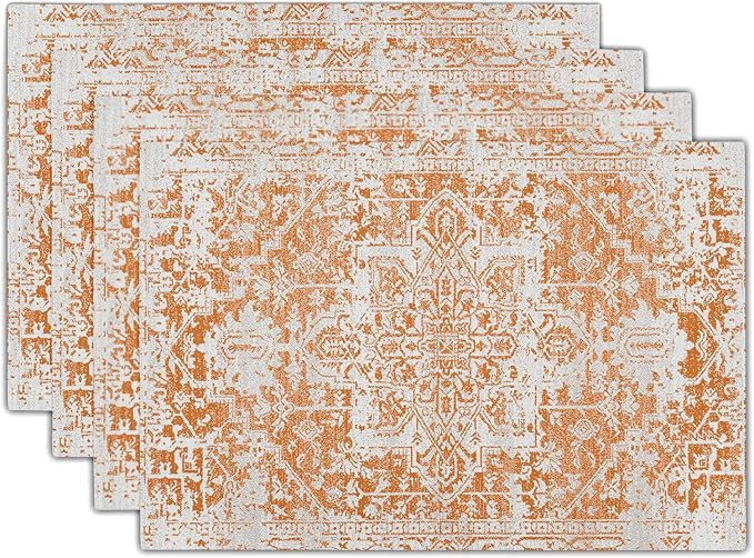 Gray Orange Boho Placemats Set of 4 Ethnic Bohemian Carpet Place Mats Washable Kitchen Dining Vintage Grey Geography Floral Linen Table Mats Stain Heat-Resistant Cloth Tabel for Home Party 12x18 in
