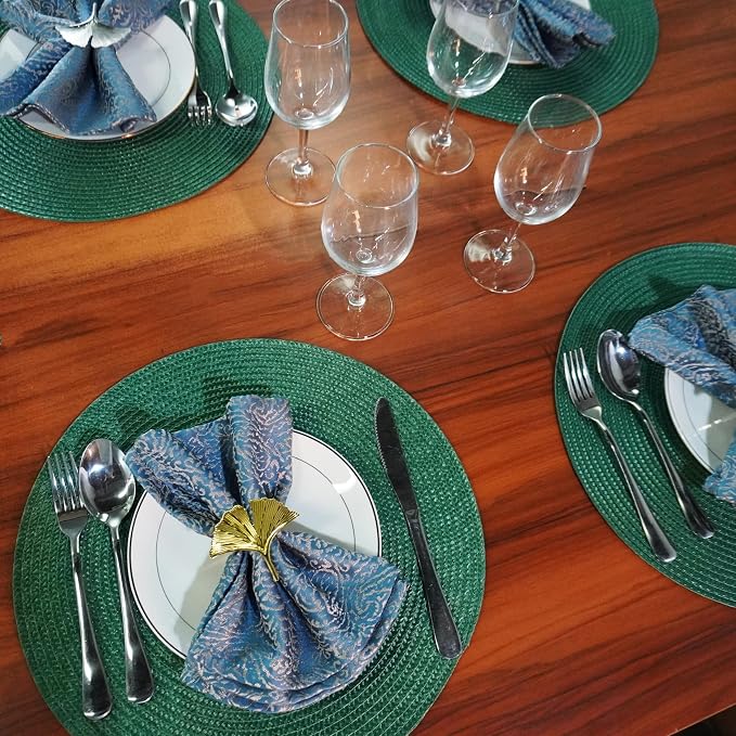 Round Braided Placemats Set of 6 Washable Easy to Clean Place Mats for Dining Tables Woven Non-Slip Heat Resistant Table Mats 15 Inch (Dark Green)