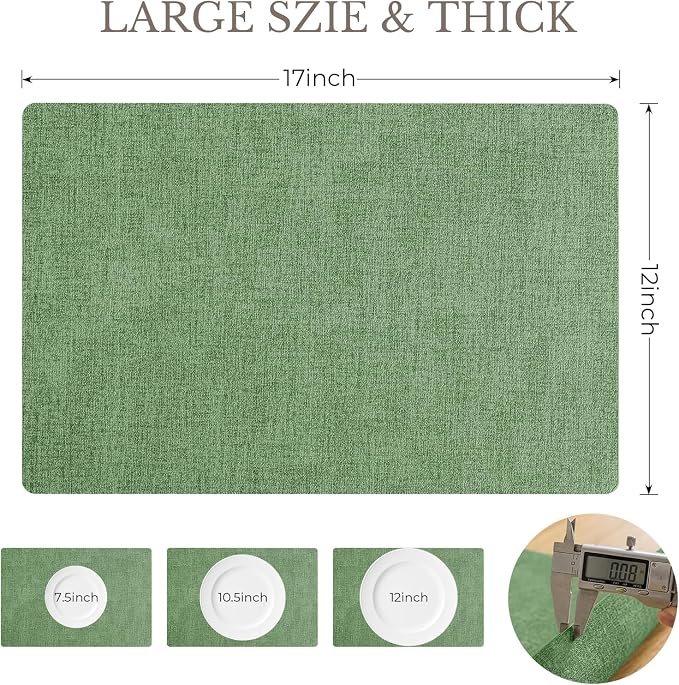 Romanstile Vinyl Placemats Set of 8-12 X 17 Inch - Faux Leather 100% Waterproof Wipeable Anti Slip Place Mats, Heat Resistant Reversible PU Table Mats for Kitchen Dining Party Outdoor, Dark Green