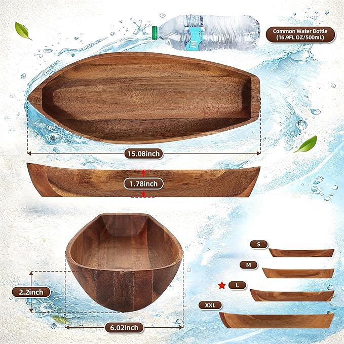 Lucky Boat Serving Tray, Acacia Solid Wood Interesting Shape Plate for Serving Desserts, Fruit, Snack and House Ornament,Key Tray,Functional and Storage Decorative Bowl。(L)