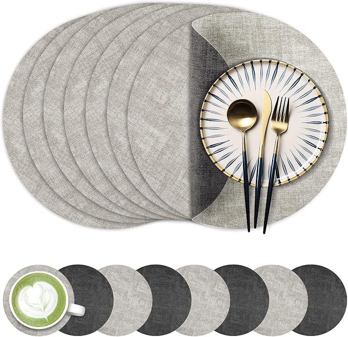 13-Inch Faux Leather Round Placemats Set of 8, Waterproof Anti-Slip Dual Sided Place mats, Heat Resistant Washable Table Mats with Coaster, Suitable for Indoor & Outdoor (8, Black Light Gray)