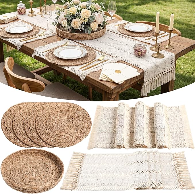Boho Placemats 4/6/8 Set of Round Woven Placemat Macrame Style Bicolor Stitching Long Table Runner Farmhouse Rustic Natural Burlap Cotton for Kitchen Dining Table(4 Sets,Beige,12x72)