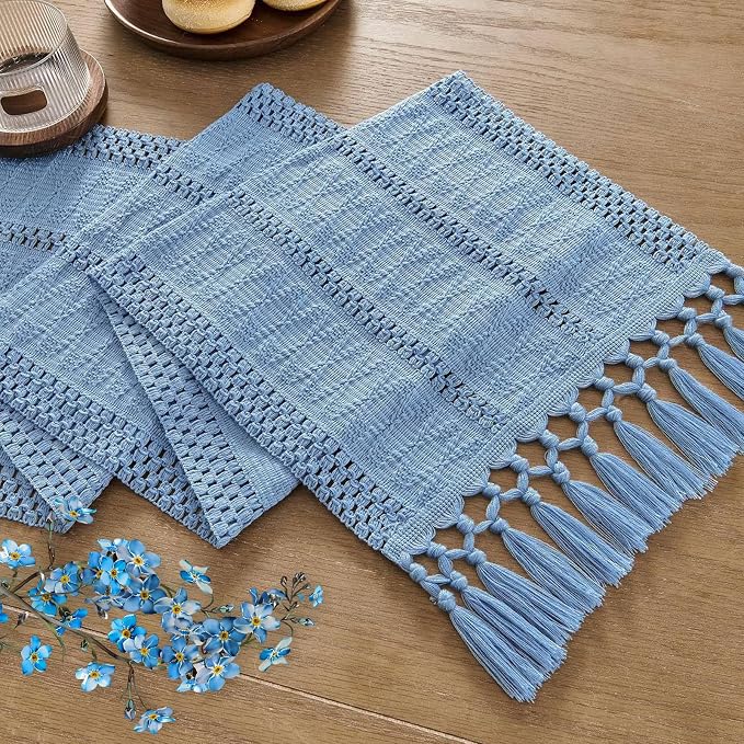Niviy Boho Table Runner for Blue Tassel Home Decor 108 Inches Long, Modern Farmhouse Decor Rustic Macrame Cotton Linen Woven Coffee Table Runners for Dining Table Decoration, Blue