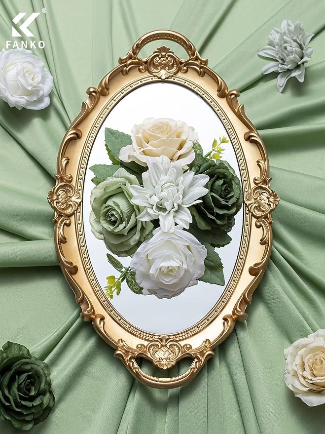 FANKO Artificial Flowers for DIY, Green White Cream Faux Flowers Bouquet, Fake Rose Silk Flowers for Vase, Home Decor, Garlands, Greenery-Themed Wedding, Party, Housewarming