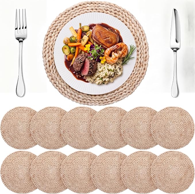 Set of 12 Round Woven Corn Husk Placemats 11.8'' Boho Farmhouse Placemats for Tabletop Decor Elegant Dining Wedding Christmas Thanksgiving Day Holiday Dinner Party Housewarming Gifts Daily