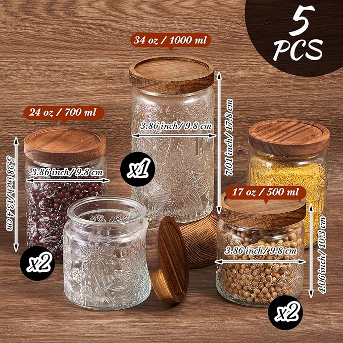 Gerrii 5 Pcs Vintage Glass Food Storage Containers 17/24/34 oz Glass Jar with Lid Airtight Candy Food Canisters for Kitchen Counter Pantry Coffee Beans(Clear,Sunflower Round)
