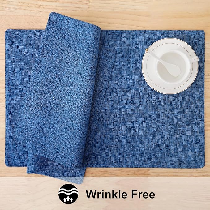 homing Faux Cotton Linen Placemats Set of 4, Cloth Washable Farmhouse Dining Table Mats for Indoors & Outdoors, Easy to Clean, Navy Blue, 13 x 19 Inch