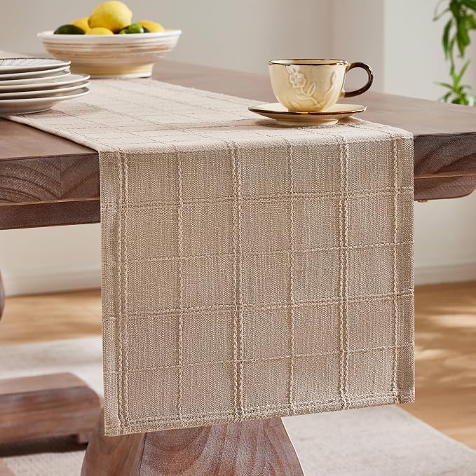 ZeeMart Linen Checked Farmhouse Table Runner, 13x72 Inches Taupe | Raised Grid Design, Rich Woven Texture, Linen Blend Table Runners 72 Inches Long, Machine Washable, Boho Home Kitchen Decor