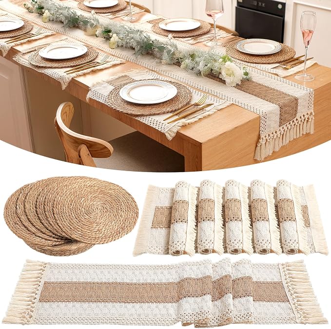 Boho Placemats 4/6/8 Set of Round Woven Placemat Macrame Style Bicolor Stitching Long Table Runner Farmhouse Rustic Natural Burlap Cotton for Kitchen Dining Table(6 Sets,Brown,12x72)