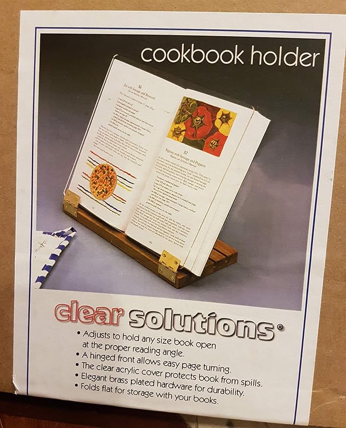 Original Hinged Cookbook Holder - Acrylic Shield With Wood Base and Brass Plated Hinges - Made in the USA