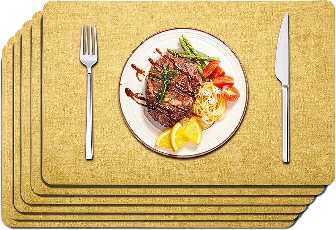 Maxpearl Faux Leather Placemats Set of 6 - Waterproof - Wipe Clean - Heat Resistant - Anti Slip Dining Table Place Mats, Suitable for Indoor & Outdoor Use, 17’’×12’’, Yellow