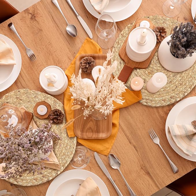 Kochorie Set of 12 Round Woven Placemats 13.5-Inch Natural Water Hyacinth Plant Placemats Hand-Woven Boho Rattan Placemat Wicker Weave Table Mats for Home Dinner Plates Holiday Supplies