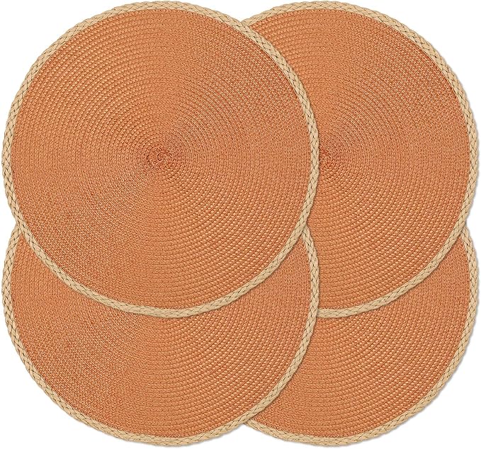 Noctiflorous Braided Round Placemats Set of 4, 15 Inch Woven Table Mats, Non-Slip Washable Thin Edge Place Mats for Kitchen Dining Table Decor (Orange, 4)