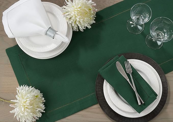 SARO LIFESTYLE Hemstitched Border Dinner Napkin (Set of 12), Jasper Green, 20"x20"