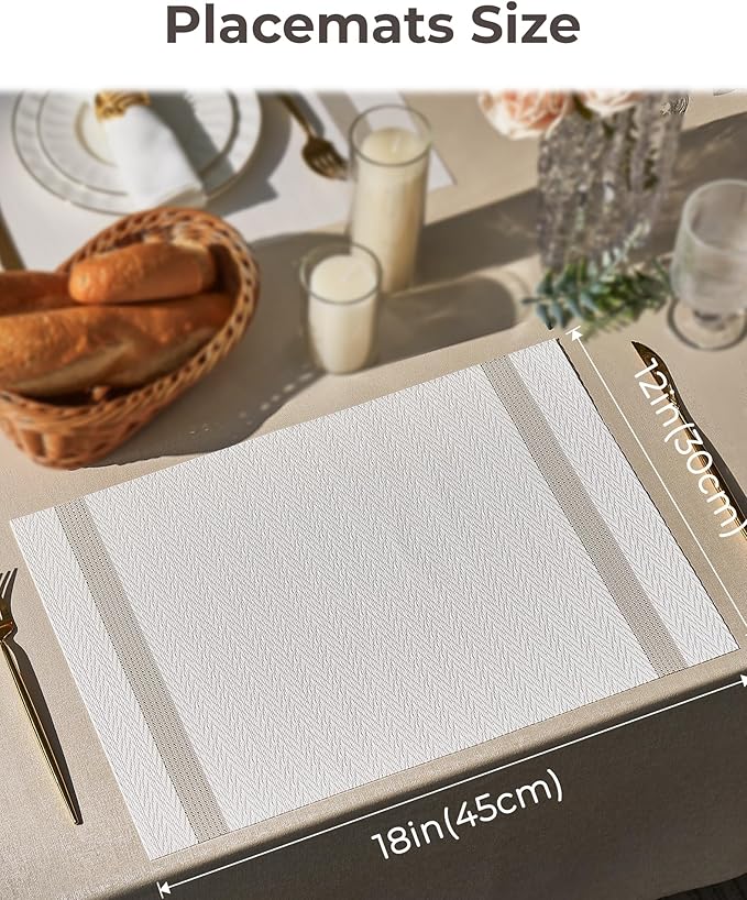 Leetaltree White Vinyl Woven Placemats Set of 12 - Washable Dining Table Placemats Striped, Suitable for Wedding, Anniversary, Daily Use - Table Decor