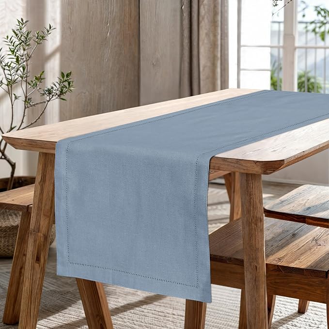 Ruvanti Linen Table Runner 108 Inches, Classic Hemstitch, Washable, Reusable, Non-Slipping, Stain Resistant- Perfect for Parties, Weddings, Dinners, Thanksgiving, Christmas, Indoor use – Grey