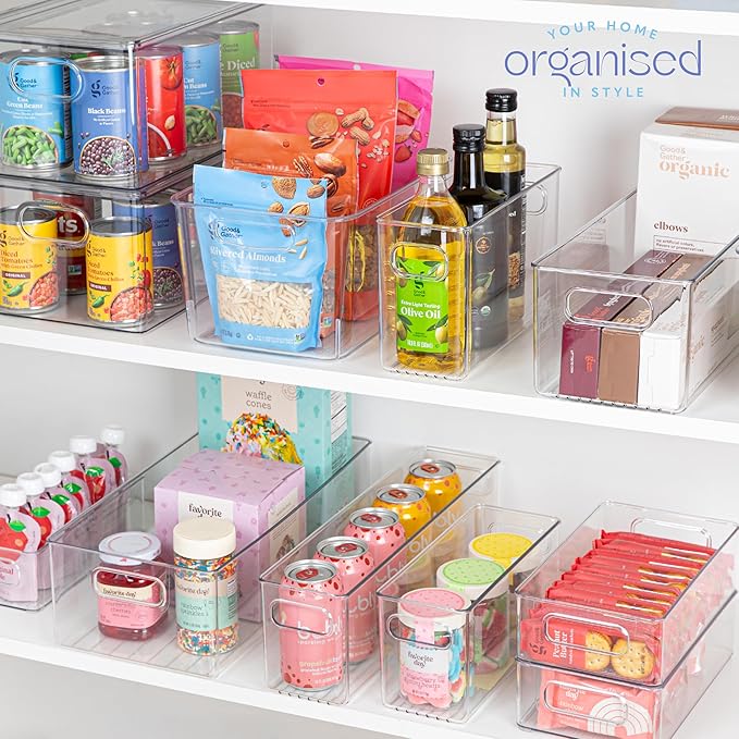 Plastic Food Storage 6 Pack Clear Container Bin with Handles for Organizing Kitchen, Pantry, Refrigerator, Freezer, Pantry, Cabinet, Closet, Bathroom. 16”x8”x5”
