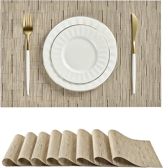 Leetaltree Light Brown Placemats Set of 8 - Heat Resistant Non-Slip Place mats for Dining Table, Washable Durable PVC Vinyl Woven Table Mats（Light Brown, 8）
