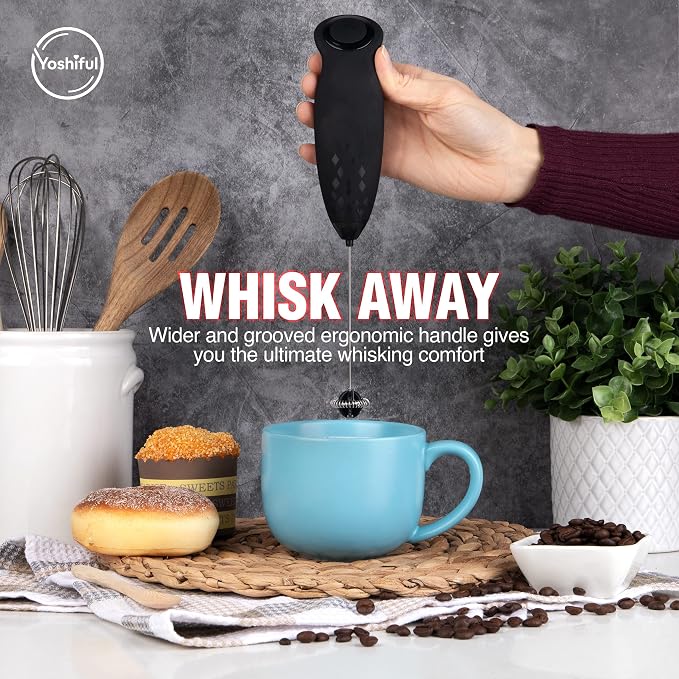 Milk Frother for Coffee with Deluxe Stand - Coffee Frother Handheld Foam Maker for Lattes - Turbine Whisk Drink Mixer Handheld - Frother Wand Stirrers Electric for Cappuccino, Matcha (Black)