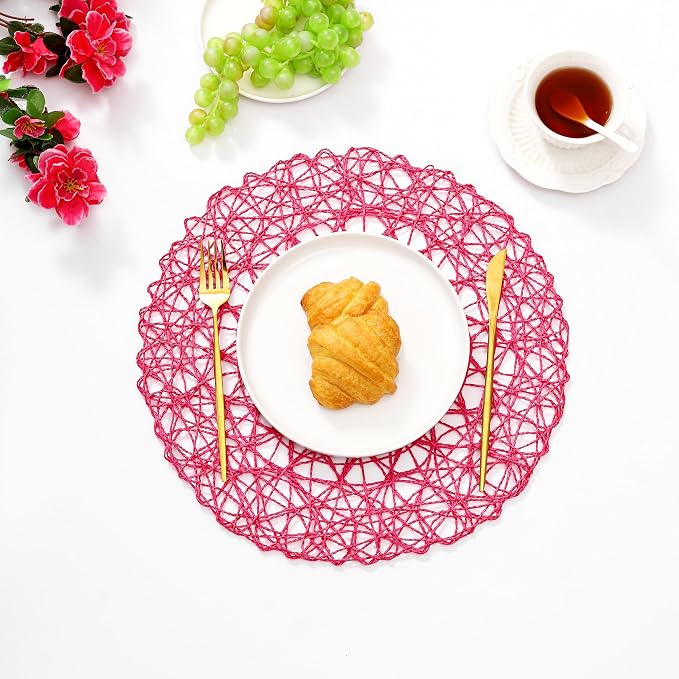 IcosaMro Rosy Round Placemats Set of 6 for Dining Table, 15 Inch Paper Woven Boho Decorative Circle Place Mat for Wedding Christmas Thanksgiving Day Holiday Dinner, 15 Inch, Rosy