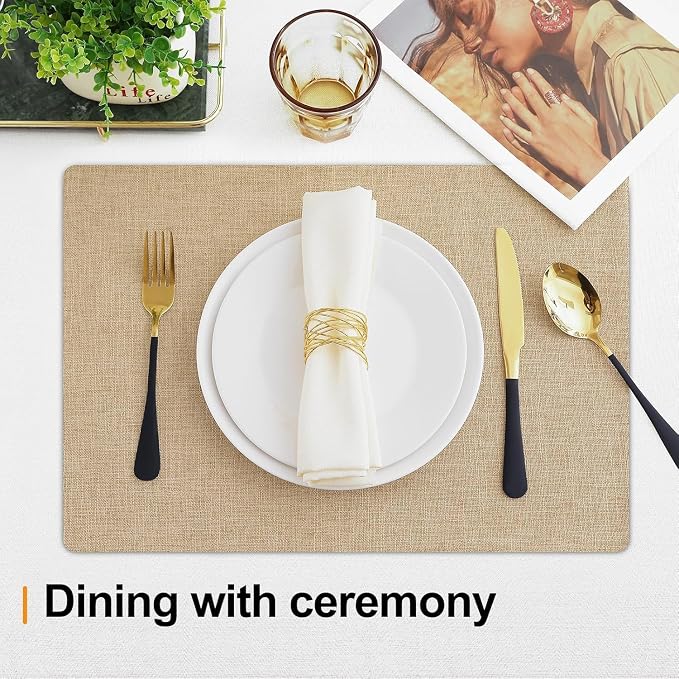 Homaxy Cloths Placemats for Dining Table Set of 12, Heat Resistant Washable Cotton Linen Blend Table Mats, Easy to Clean Place Mats for Indoor Outdoor Party Kitchen Decoration, 13" x 19", Flaxen