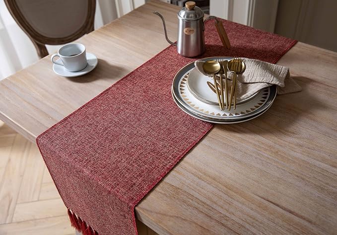ZeeMart Red Table Runners 36 Inches Long, Burlap Linen Style Rustic Farmhouse Table Runner, Small Short Boho Coffee Table Runner, 13x36 Inches, Red