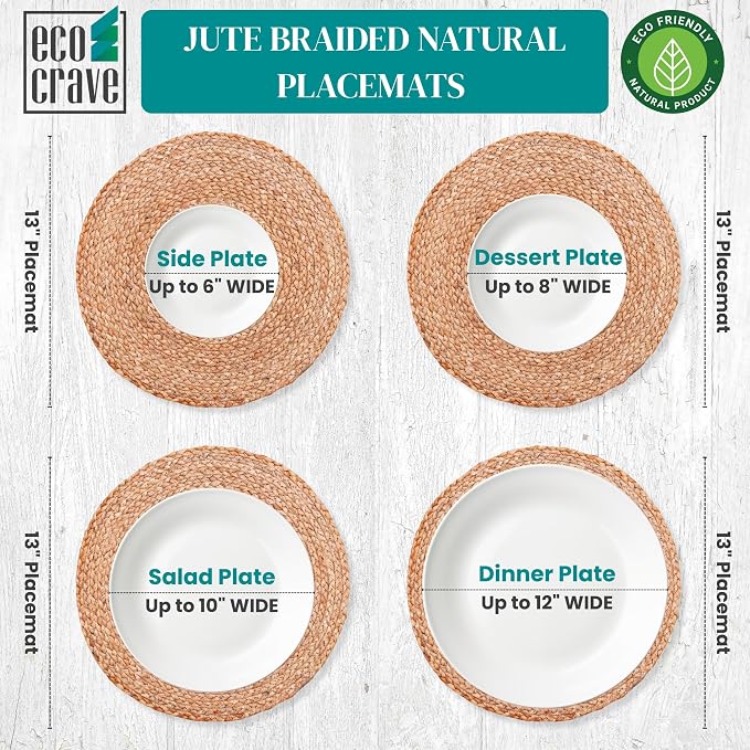 Eco Crave Natural Jute Placemats Set of 12, Round Woven Table Mats, 13 Inch Rattan Charger Plates, Bulk Set for Weddings, Parties & Events