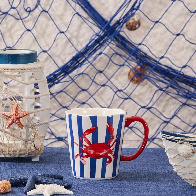 Bico Ocean Wonders Scalloped Ceramic Mug Set of 4, Christmas Coffee Mugs, 15oz Holiday Cups for Tea, Cocoa, or Hot Drinks, Microwave & Dishwasher Safe