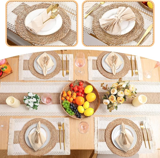 8 Sets Boho Decoration Placemats Round Woven Placemats, Cloth Napkins, Wood Bead Napkin Rings, Long Table Runner and Farmhouse Burlap Cotton for Table Kitchen (Khaki,12x108)