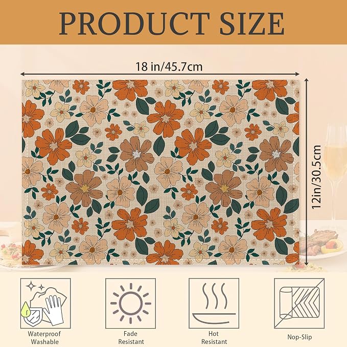 70s Retro Floral Flowers Placemats Set of 6 Washable Table Mats for Kitchen Dining Table,Heat-Resistant Place Mats for Indoor Outdoor Party Holiday Decoration