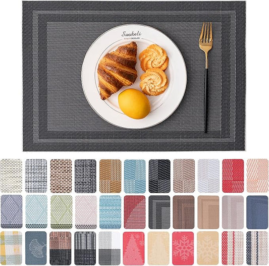 CADONO Placemats Set of 6 Washable Indoor/Outdoor Vinyl Place Mats for Dining Table Durable Non-Slip Heat Resistant PVC Weave Table Mats（Simple Style-Black）