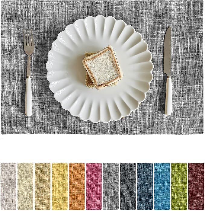 Softalker Faux Linen Placemats Set of 8-12 x 18 Inch, Heat Resistant Double Layered Durable Burlap Farmhouse Place Mats, Non-Slip Washable Rustic Table Mats for Dining, Kitchen, Party（Light Grey