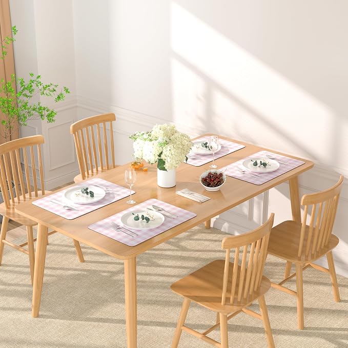 QiyI Placemats Set of 6, 12x18 Inch Faux Leather Place Mats for Kitchen Dinning, Heat Resistant Anti Slip Grid Table Mats, Waterproof Wipeable Washable Placemat Party Table Décor, Pink Gingham Check