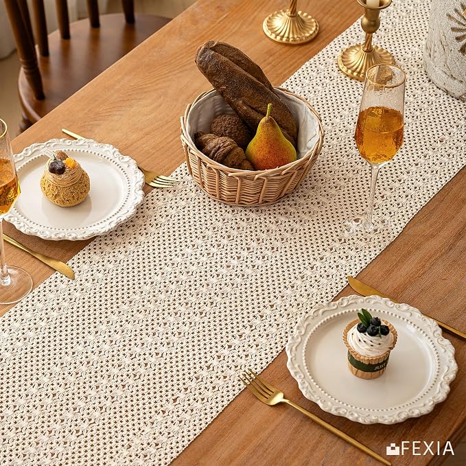 FEXIA Boho Table Runner for Home Decor with Tassels 72 Inch Farmhouse Burlap Table Runner Rustic Lace Decoration for Living Room Dining Table, Entryway Kitchen Natural Beige (12x72 Inch)
