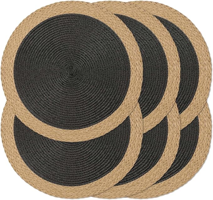 Noctiflorous Braided Round Placemats Set of 6, 15 Inch Woven Table Mats, Non-Slip Washable Wide Edge Place Mats for Kitchen Dining Table Decor (Black, 6)