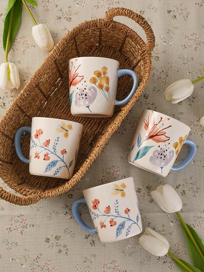 Bico Blossom Symphony Ceramic Coffee Mugs Set of 4, 18 oz Large Tea Cups with Handle, Aesthetic Latte Mugs for Cappuccino Cocoa, Lead-Free, Dishwasher and Microwave Safe, Housewarming Gift