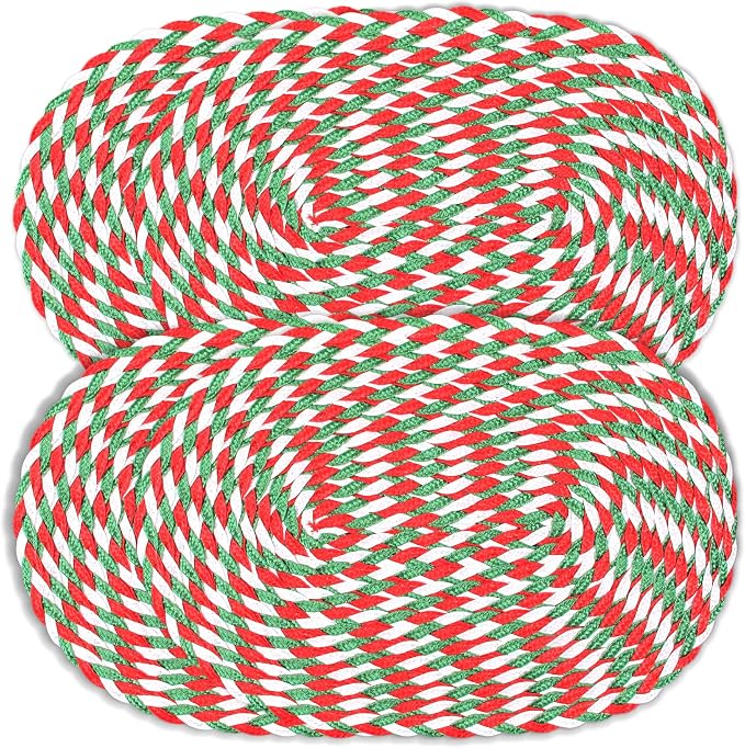 CAIT CHAPMAN HOME COLLECTION Festive Braided Woven 12"x18" Oval Holiday Red Green White Polypropylene Plastic Placemats, Set of 6