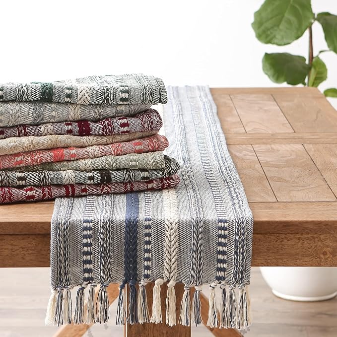 DII Farmhouse Braided Stripe Table Runner Collection, 15x108 (15x113, Fringe Included), French Blue