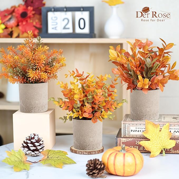 Der Rose 3 Pack Fake Plants Artificial Plastic Eucalyptus in Pot for Home Office Desk Bathroom Farmhouse Table Decor Indoor Warm Orange Accent