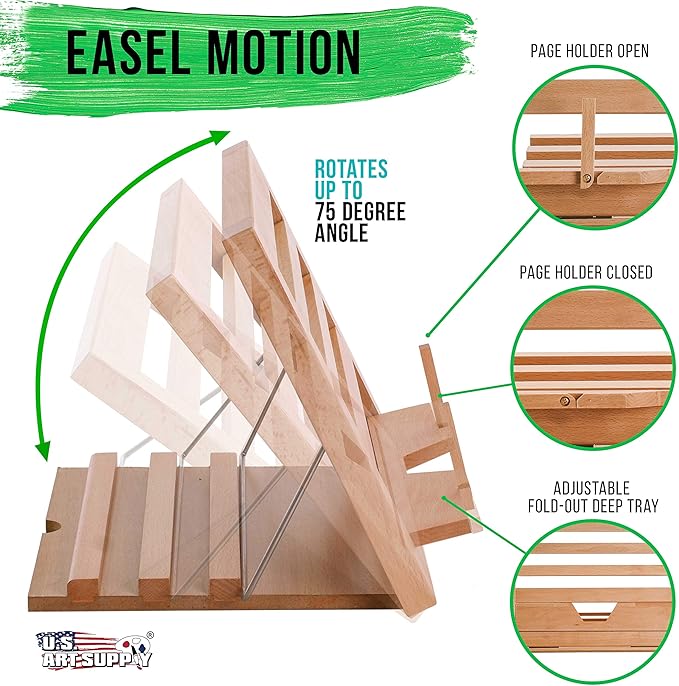 U.S. Art Supply Large Wooden Table Easel - Adjustable Incline, 2 Page Holders - Functions as Wooden Cookbook Stand, Kitchen Countertop Recipe Rack, Tablet Rest & Cook Book Holder for Kitchen Counter