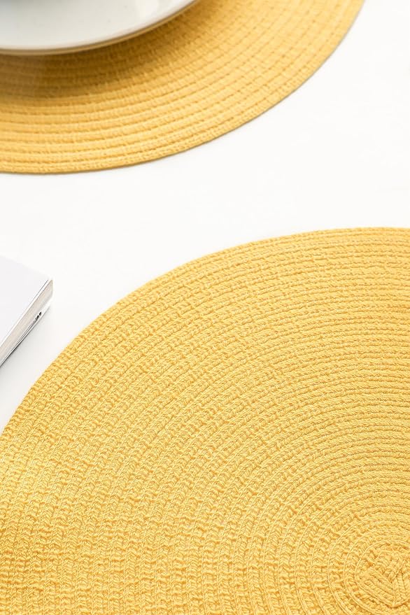 Floroom 15 Inch Round Braided Placemats Set of 6, Washable Heat Resistant Cotton Polyester Circle Place Mats for Kitchen Dining Table - Yellow